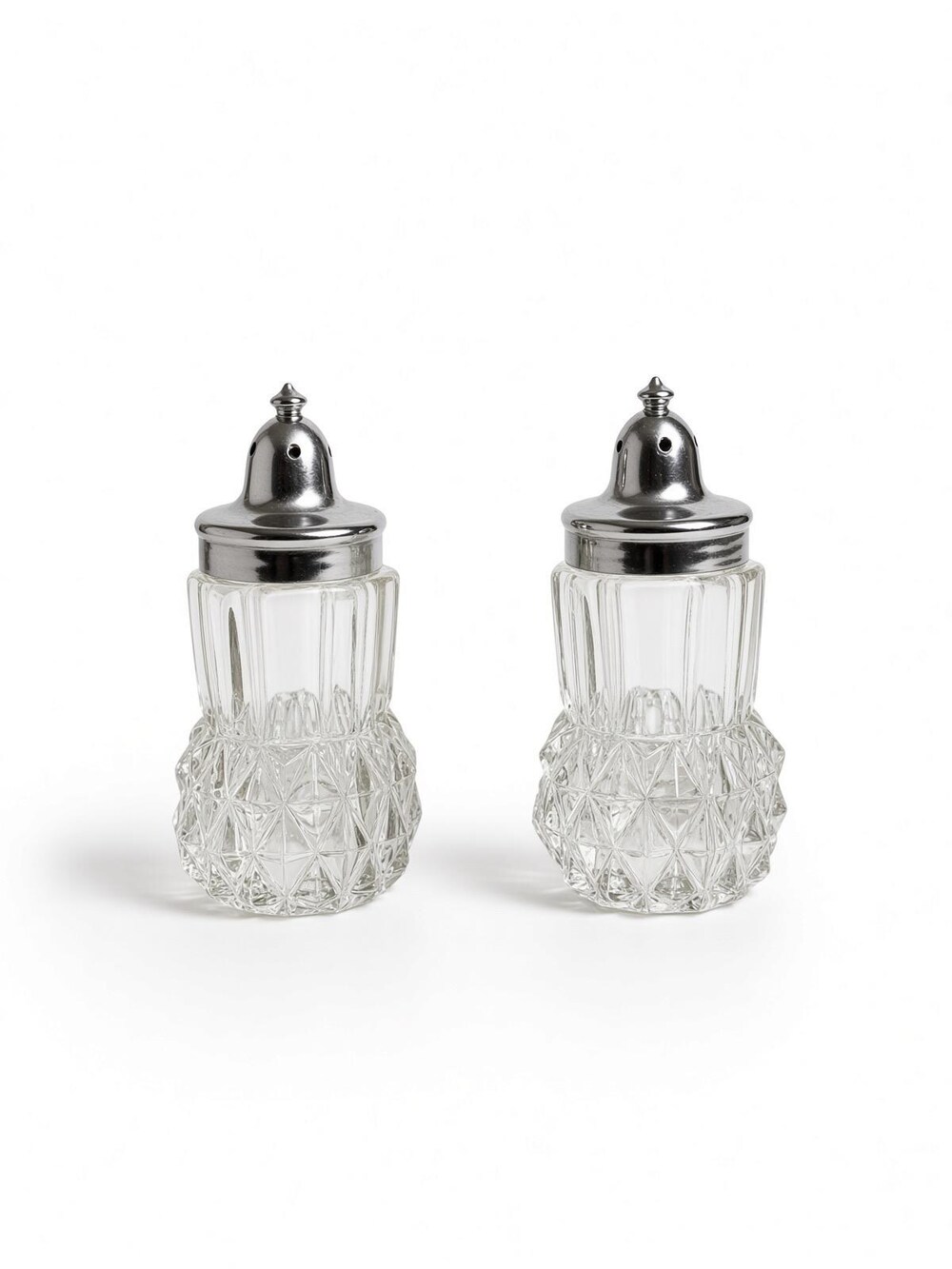 Vintage Diamond Point Glass Salt Shakers Pair Pressed Glass